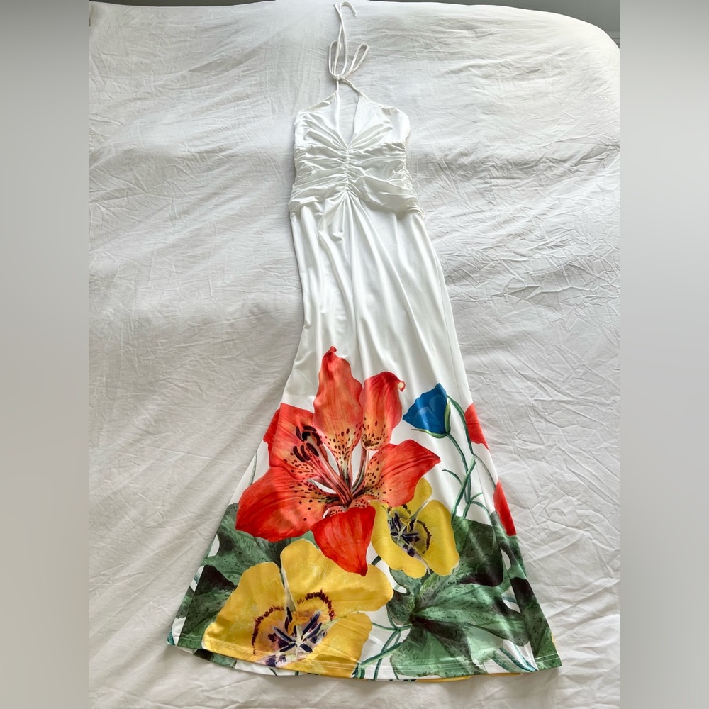 Floral Halter Maxi Dress - White with Multicolor Floral Design